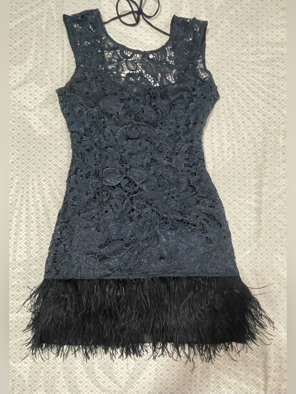 Lipsy Black Lace Mini Dress with Feather Hem